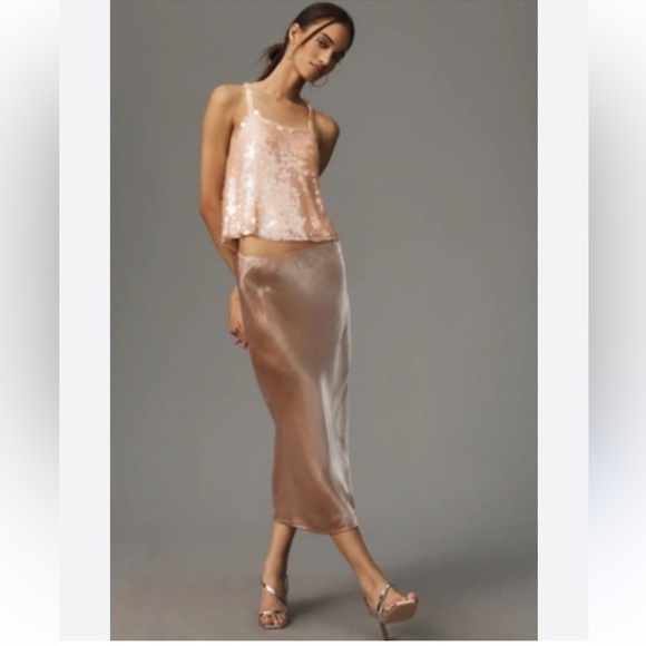 NWT By Anthropologie Mauve Pink Midi Slip Skirt Metallic Shimmer Size Large - Picture 1 of 5
